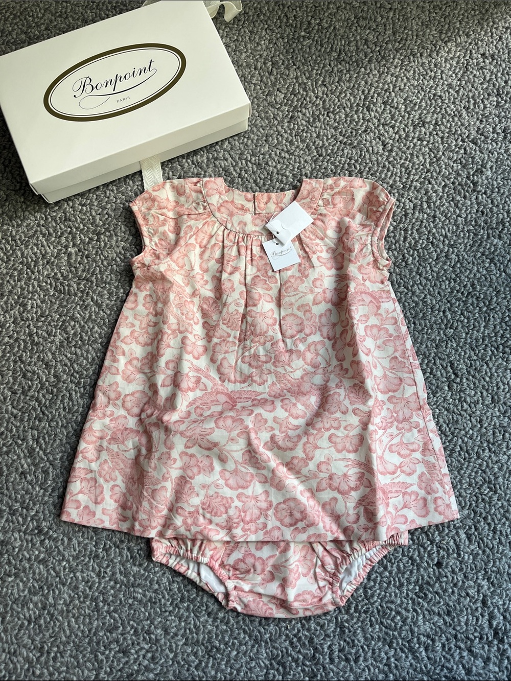 Bonpoint Pink Floral Cotton Dress with Matching Bloomers NEW